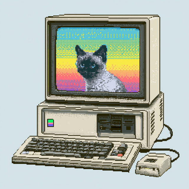 A pixel-art beige desktop computer with a cat on its CRT screen