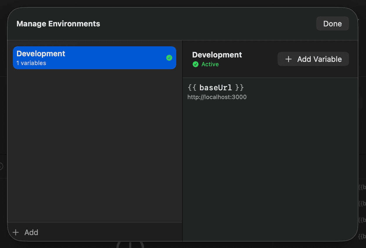 Manage Environments panel